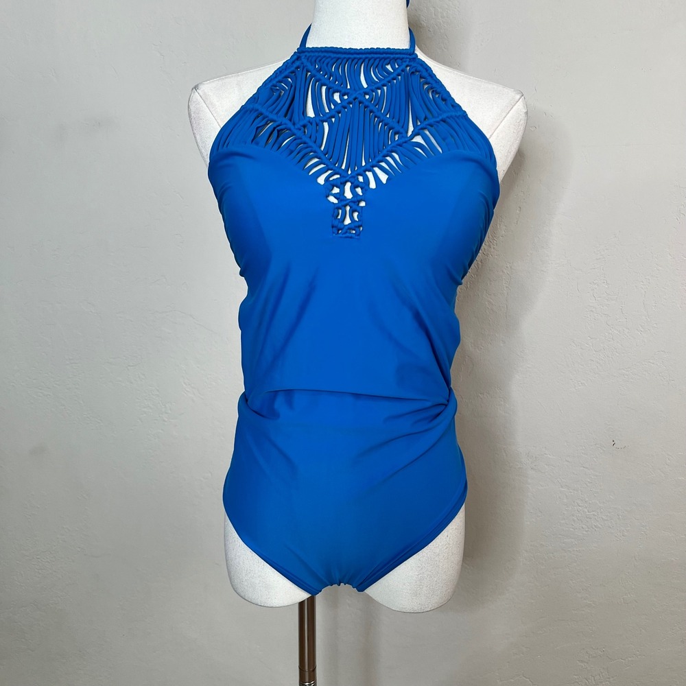 MIKOH Blue Macrame Halter One Piece Swimsuit Open Back Moorea Size Large NEW‎